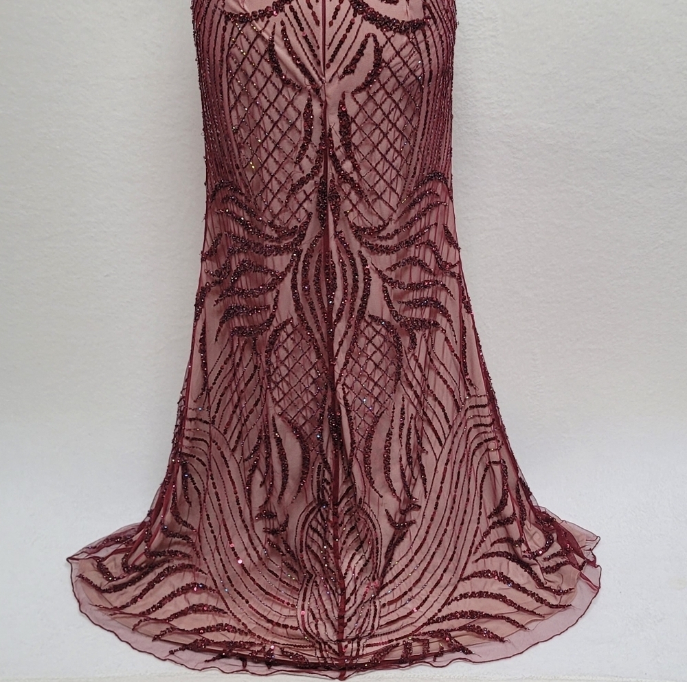 Zasa Karishma Creation Burgundy Sequin Beaded Backless Maxi Mermaid Dress 6 - Picture 9 of 11